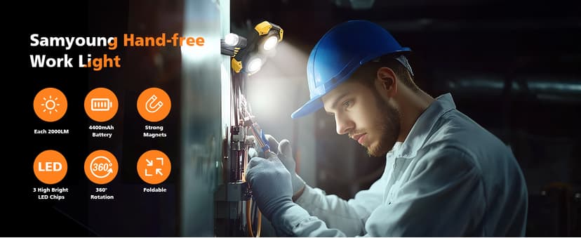 Samyoung 2 Pack Magnetic 2000 LM LED Work Light, 10 Hours Long Lasting 360°Rotating 7000K Warm Rechargeable Work Light Folding Waterproof for Job Site Car Inspection Camping Emergency