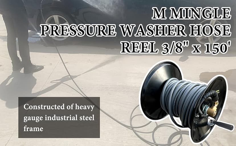 M MINGLE High Pressure Washer Hose Reel 150ft, Heavy Duty Steel Hose Reel, Manual Crank Power Washer Hose Reel with 3/8" Pressure Wash Whip Hose, Swivel Arm and Mounting Bracket, 4000 PSI
