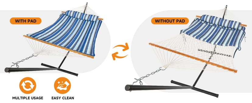 Double Hammock with Stand, 2 Person Cotton Rope Hammock with Removable Polyester Pad, 500LBS Capacity, Portable & Adjustable Design, Includes Storage Bag, Indoor Outdoor Use,White-Gray