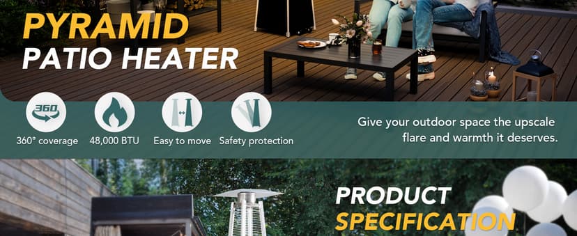 Pamapic Patio Heater with Cover, 48,000 BTU Pyramid Flame Outdoor Heater Quartz Glass Tube Propane