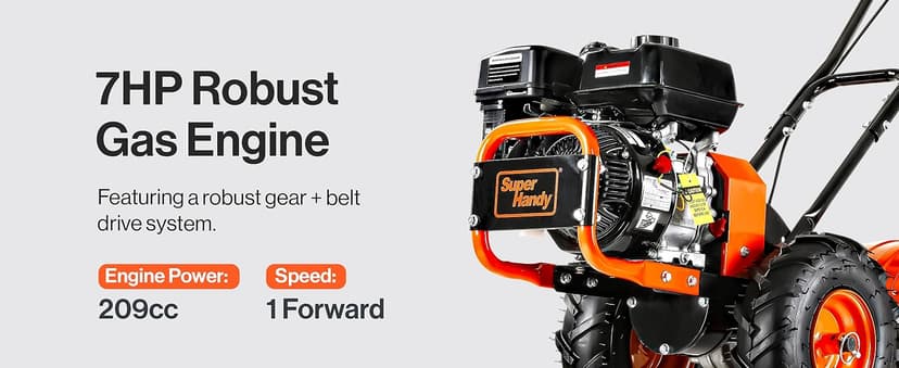 SuperHandy Rear Tine Tiller - 7HP Engine, 16" Width & 12" Depth Cultivator - Garden Soil Prep for Planting & Vegetable Beds