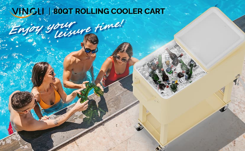 VINGLI 80 Quart Rolling Ice Chest, Portable Patio Party Bar Drink Cooler Cart, with Shelf, Beverage Pool with Bottle Opener