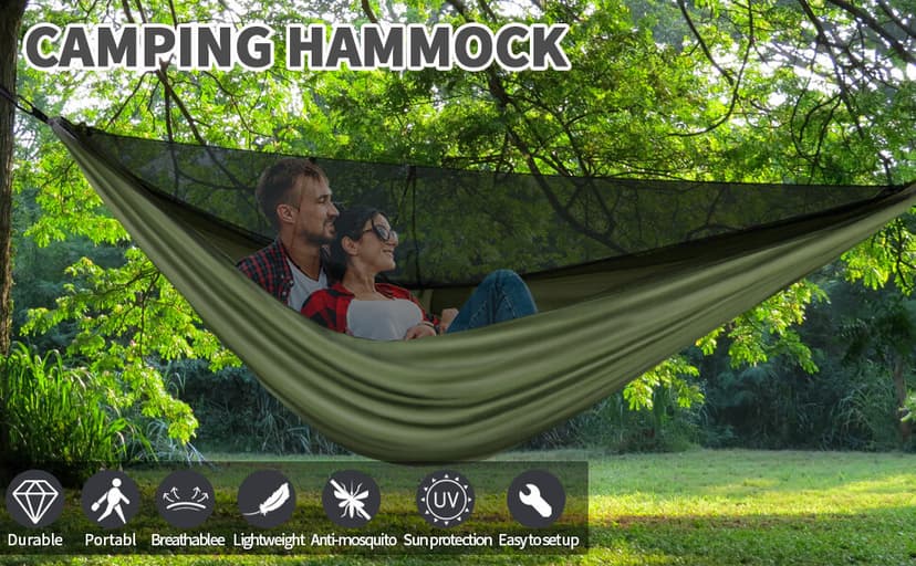 Camping Hammock - Hammocks with Mosquito Net Tent and Rain Fly Tarp, Portable Single & Double Nylon Parachute Hammock with Heavy Duty Tree Strap, Indoor Outdoor Backpacking Survival Travel