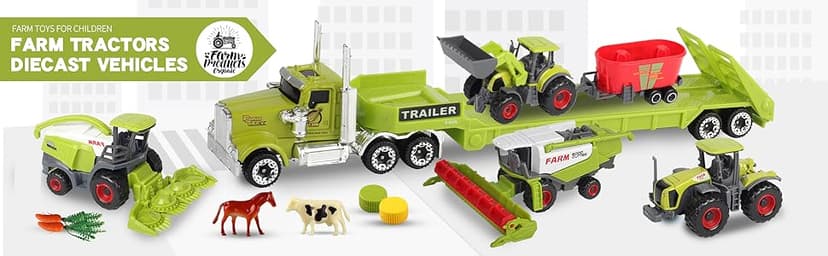 Oriate Kids Farm Toys Realistic Tractor Vehicle Playset, Diecast Car Set Educational Mini Farm Animals with Flatbed Trailer, Birthday Gift for Children 3 Year Old