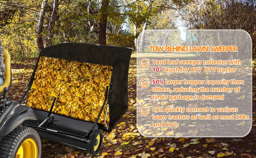 Tow Behind Lawn Sweeper, 44" Pull Behind Lawn Sweeper, Large Capacity Leaf & Grass Collector with Adjustable Sweeping Height and Dumping Rope Design for Picking Up Grass and Debris