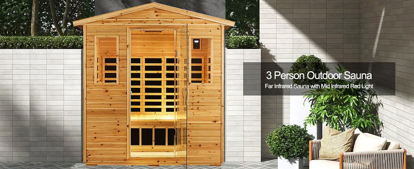 Outdoor Sauna 3 Person Infrared Sauna, Infrared Saunas for Home, 1950W Low EMF Far Infrared Sauna Old Fir Wooden Sauna with Beauty Red Light, Foldable Seat, Bluetooth, Chromotherapy Lamp, Reading Lamp