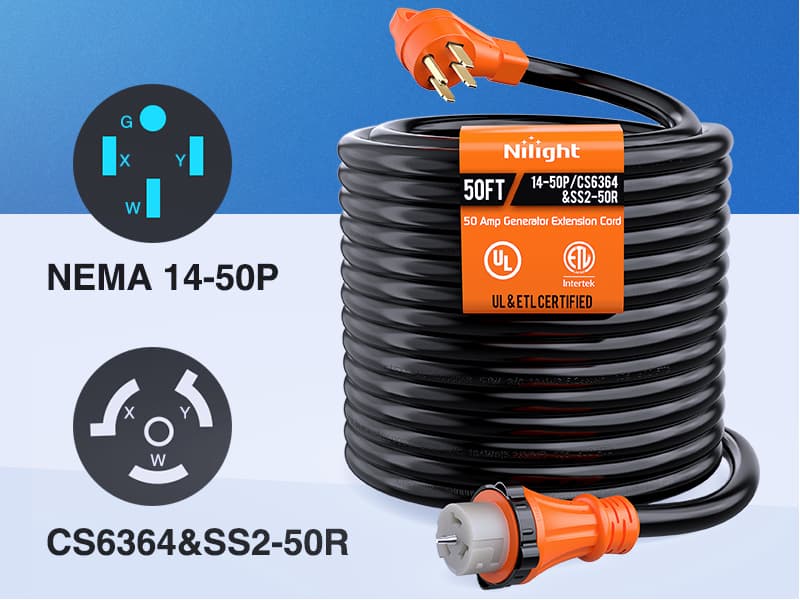 Nilight 50 Amp 50FT Generator Extension Cord 250V Heavy Duty 6/3+8/1 Gauge Pure Copper STW Wire ETL Listed 4 Prong 14-50P SS2-50R&CS6364 50F/50M Cable Suit for RV Home Use