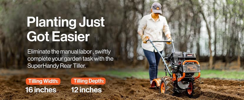 SuperHandy Rear Tine Tiller - 7HP Engine, 16" Width & 12" Depth Cultivator - Garden Soil Prep for Planting & Vegetable Beds