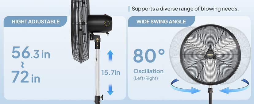 ROVSUN 24 Inch Industrial Pedestal Fan,7600CFM High Velocity and Heavy Duty Standing Fan, Low Noise Metal Fan with One-touch Oscillating Function, Adjustable Height, for Shop, Patio, Garage, UL Listed