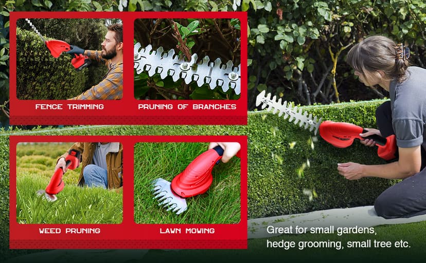 Cordless Hedge Trimmer with Battery (2Pack) and Charger, 2 in 1 Handheld Small Electric Bush Trimmers/Grass Cutter Yard Tool for Shrub/Tree/Lawn, Rechargeable Battery Powered Hedge Clipper for Garden