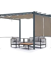 Aoodor 10 x 10 ft Outdoor Pergola with Retractable Shade Canopy, Matte Aluminum Frame, 4 Roller Shade Curtains, Grape Trellis for Patio, Backyard, Garden, and Deck, Dark Brown