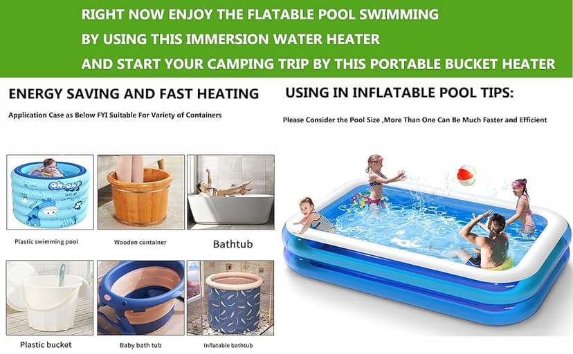 HASTER Portable Pool Immersion water Heater for Inflatable Pool Bathtub,Bucket Heater with 304 SS Guard,Electric Submersible Water Heater with LCD Thermometer,Heat 5 Gallon Water in Minutes In&Out