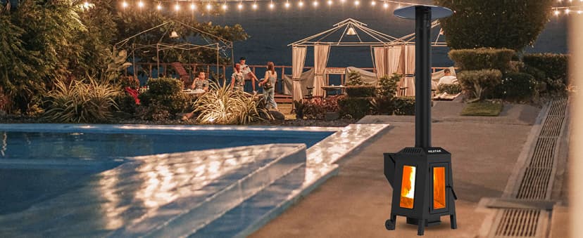 75,000 BTU Outdoor Patio Heater, Wood Pellet Heater With Wheels for Home, Gardens & Commercial Use - Black