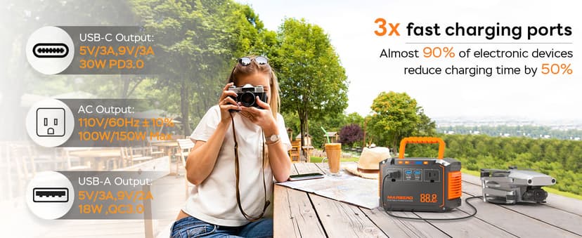 MARBERO Portable Power Station 88.8Wh Solar Generator 150W Peak Lithium Battery Backup Power Bank with LED Light for Home Outdoor Travel Emergency RV Off-Grid Living (Solar Panel Optional)