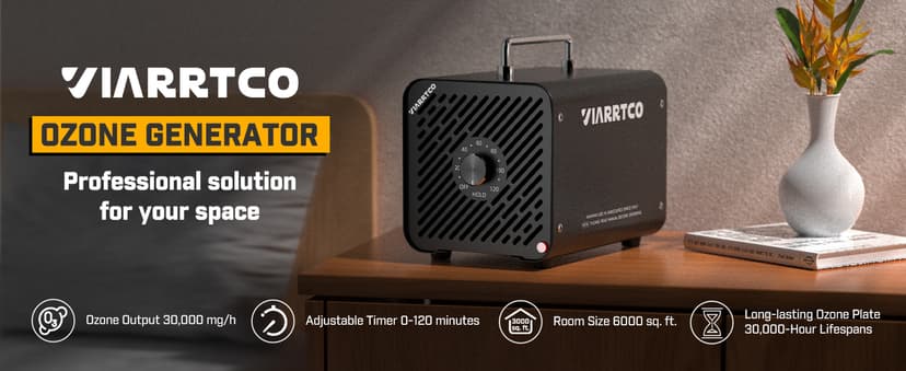 Ozone Machine Generator 30000mg/h - 6000+ Sq. Ft. Ozone Machine Odor Removal for Home and Car with 120min timer All Metallic Black