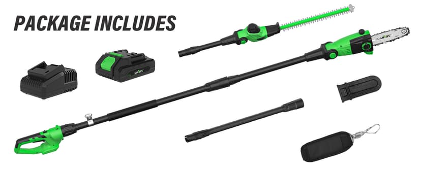 SOYUS Pole Saw 8-Inch Cordless and 18-Inch Pole Hedge Trimmer 2-in-1, 15-Foot Max Reach Pole Saw for Tree Trimming, 16ft/s Speed, Auto Oiling, Multi-Angle Pole Chainsaw with 2.0Ah Battery & Charger