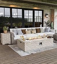 UPHA 42-inch Outdoor Propane Gas Fire Pit Table 50000 BTU Iron Round FirePit for Outside Patio with Tank Hidden Table, Removable Lid, Lava Rocks, Rain Cover, Grey