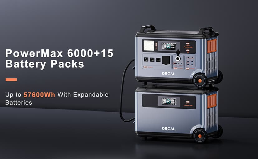 OSCAL PowerMax 6000 Solar Generator with 3×400W Solar Panel, 120V/240V Split Phase Voltage 6000W AC Outlets (7200W Peak), 2200W AC Charging/2400W Solar Charging, Emergency for Home, Battery Backup