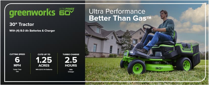 Greenworks 60V 30" Tractor, (4) 8.0Ah + Wall Charger