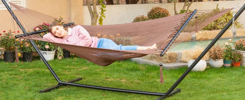 PNAEUT Double Rope Hammock with Stand Included, 12ft Heavy Duty Stand, 2 Person Traditional Cotton Rope Hammocks with Pillow for Outside Porch Patio Backyard Outdoor, Max 475lbs Capacity (Burlywood)