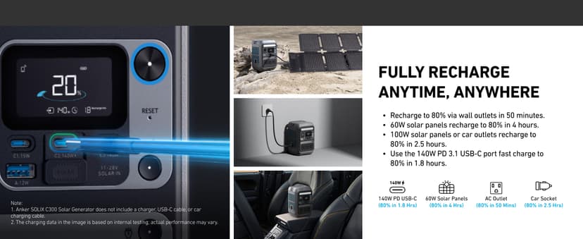 Anker SOLIX C300 Portable Power Station, Outdoor 288Wh LiFePO4 Battery, 300W (600W Surge) Solar Generator, 140W Two-Way Fast Charging, for Camping, Traveling, and Emergencies (with 60W Solar Panel)