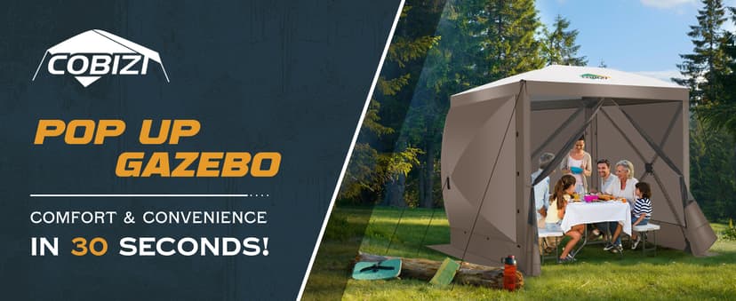 COBIZI Pop Up Gazebo Screen Tent Screen House for Camping, 8FTx8FT Screen Room with Sidewalls and Mosquito Netting, Hub Tent Instant Screened Canopy with Carrying Bag and Ground Stakes, Brown