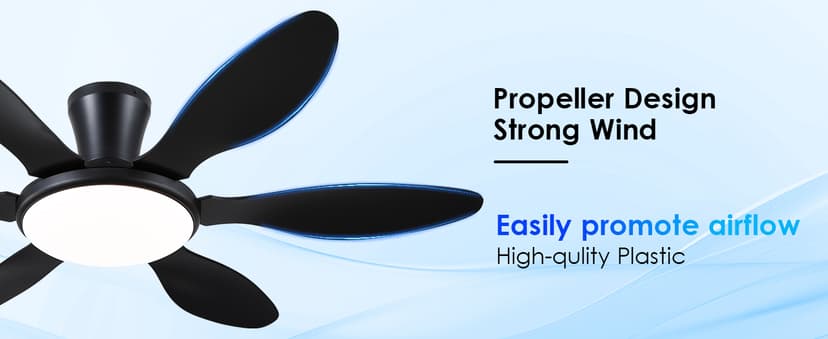 Ceiling Fans with Lights, 51 inch Modern Black Low Profile Ceiling Fan with Light and Remote App Control, Flush Mount, Quiet DC Reversible, Dim Led Ceiling Fan 6 Blade Softer Wind Indoor/Outdoor Patio