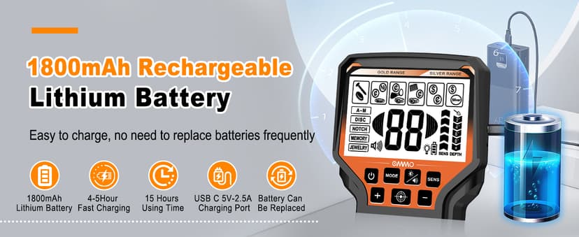 OMMO Metal Detector for Adults & Kids, 10" IP68 Waterproof Gold Detector with 6 Modes, Adjustable Stem & Headphones - 1800mAh USB C Rechargeable for Beach, Parks & Underwater Treasure Hunting