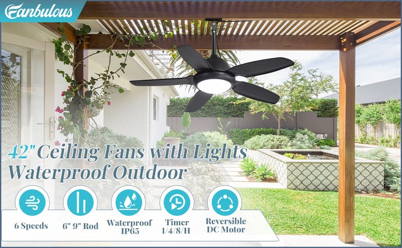 42 Inch Waterproof Outdoor Ceiling Fan with Lights and Remote,IP65 Hanging Gazebo Fan with 3CCT 6-Speed DC Motor,Black Wet Rated Plug in Ceiling Fan with Cord for Patios Porch Pergola
