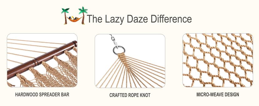 Lazy Daze Hammocks 10.5 FT Double 2 Person Caribbean Rope Hammock, Hand Woven Polyester Hammock with Spreader Bars, for Outside Outdoor Backyard Patio Poolside,450 LBS Capacity, Tan
