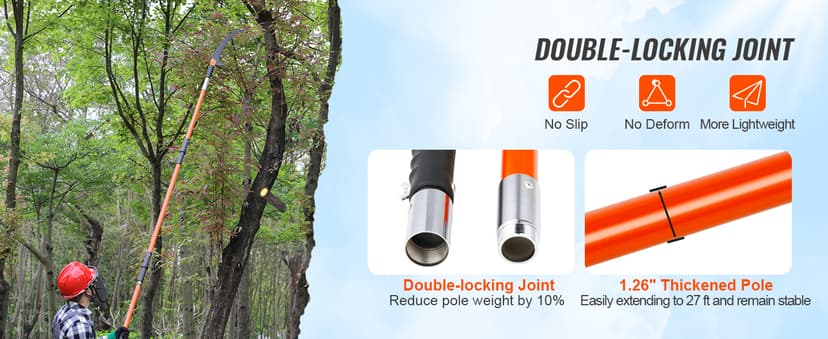 VEVOR Manual Pole Saw, 7.3-27 ft Extendable Tree Pruner, Sharp Steel Blade High Branches Trimming, Manual Branch Trimmer with Lightweight 8 Fiberglass Handles, for Pruning Palms and Shrubs