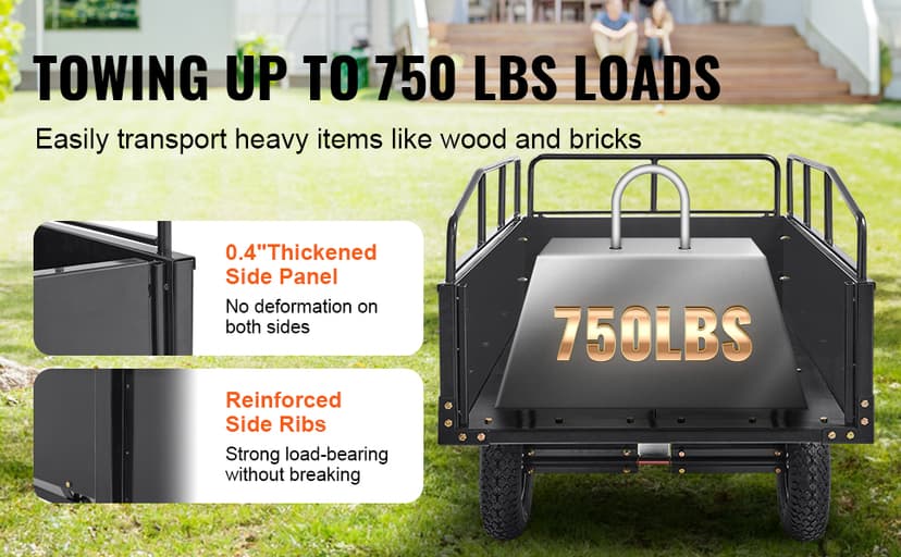 VEVOR Heavy Duty ATV Dump Cart - Steel Tow Behind trailer, 750 lbs, 15 Cubic Feet Garden Utility with Removable Sides