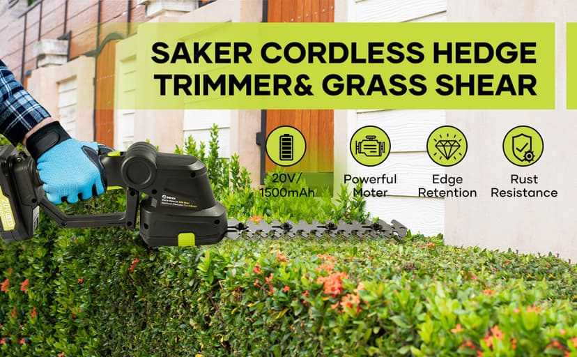 Saker Cordless Hedge Trimmer-20V Electric Shrub Trimmer Grass Shears Handheld Grass Cutter, Hedge Shear with 2 PCS Rechargeable Battery and Charger for Garden, Lawn