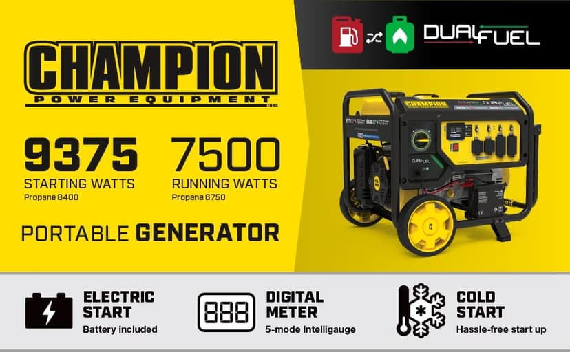 Champion Power Equipment 9375-Watt Dual Fuel Portable Generator with Electric Start and CO Shield