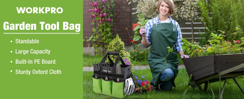 WORKPRO Garden Tool Bag Organizer, Heavy Duty Gardening Tote Bag with 10 Pockets and Long Adjustable Shoulder Strap, Standable Garden Home Tool Kits Organizer, Green
