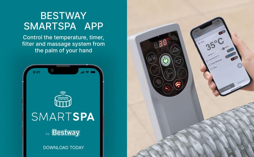 Bestway SaluSpa Bali Smart AirJet Inflatable Hot Tub Round Portable 4 to 6 Person Spa with 140 AirJets, App Control and EnergySense Cover, Grey Rattan