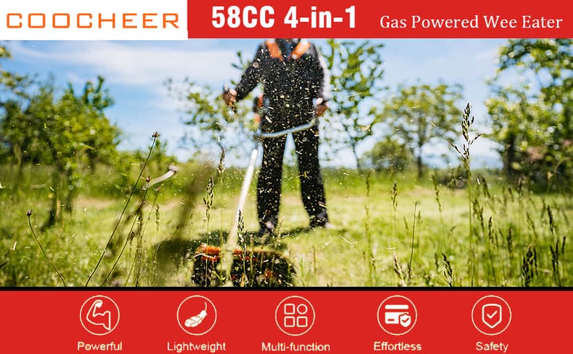 58CC Weed Wacker Gas Powered, 2-Cycle 4 in 1 Gas Weed Eater Brush Cutter with 4 Detachable Heads 18.5" Cutting Path Cordless String Trimmer Grass Cutter Machine for Lawn, Garden Care, Orange