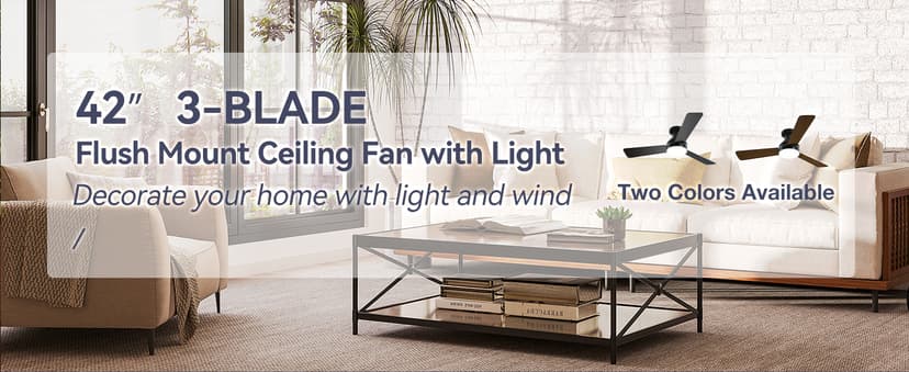 Amico Ceiling Fans with Lights, 42 inch Low Profile Ceiling Fan with Light and Remote Control, Flush Mount, Reversible, 3CCT, Dimmable, Noiseless, Black Ceiling Fan for Bedroom, Indoor/Outdoor Use