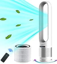 Bladeless Heater and Fan Combo, 1400 Watt Heater Fan and 40 Watt Cold Fan, 80° Oscillating Fan, All the Season Use, Remote and Touch Control, Floor Tower fan, Office Room, Bedroom, Blue White