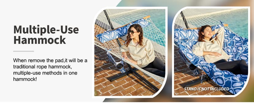 Outdoor Double Hammock with Hardwood Spreader Bars, Cotton Rope Hammock with Polyester Pad and Pillow, 475 LBS Capacity 2 Person Hammock, Large Hammock for Patio Backyard Poolside - Terracotta