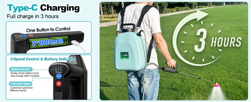 3.2 Gallon Battery Powered Backpack Sprayer, Upgraded Electric Back Pack Sprayer with 3 Spray Force, Battery Indicator, Rechargeable Handle, 41" Telescopic Wand, 5 Mist Nozzles, for Lawn and Garden