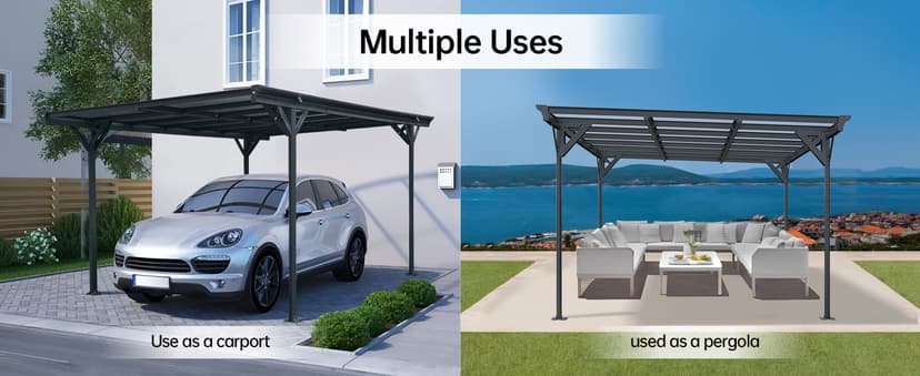 Real Relax Metal Carport 10 x 16ft with Heavy Duty Metal Frame & Pitched-Roof Polycarbonate Panel Canopy, Sturdy Canopy Shelter for Car, Truck, Pickup, SUV, Tractor, and Boat, Grey