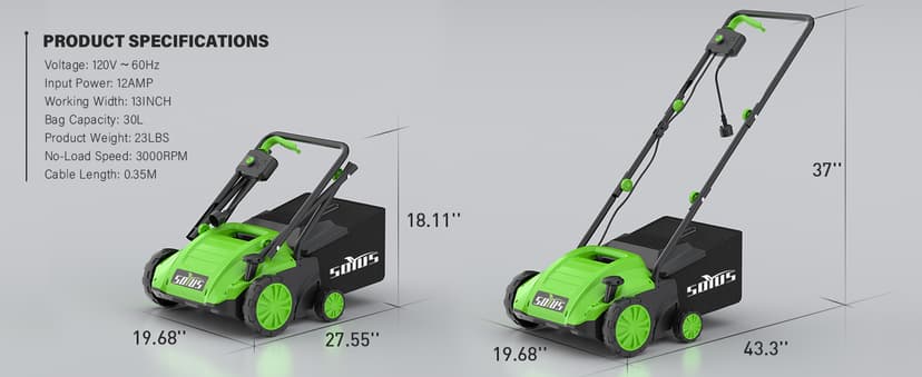 SOYUS Electric Dethatcher and Scarifier with 30L Collection Bag, 13-Inch 12 Amp 2-in-1 Corded Lawn Dethatcher with 4-Postion Depth Adjustment, Quick-Fold, Increases Lawn Health