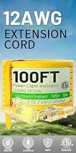 50 ft 12/3 Outdoor Extension Cord Waterproof Heavy Duty with Lighted Indicator End 12 Gauge 3 Prong, Flexible Cold-Resistant Long Power Cord Outside, 15Amp 1875W SJTW Yellow ETL Listed