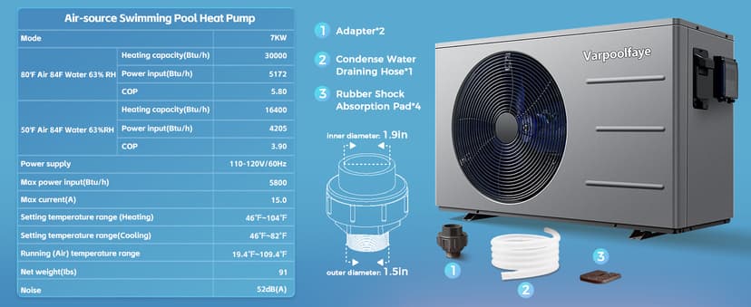 Electric Pool Heater for Inground Pool 30000 BTU Swimming Pool Heater Pump Above Ground Pool Heater 120V 8000 Gallon Heating or Cooling WiFi Control Schedule