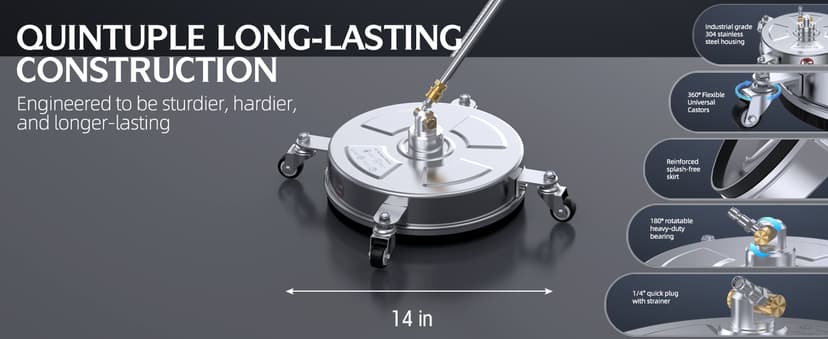 14" Pressure Washer Surface Cleaner 4500 PSI with 304 Industrial-Grade Stainless Steel Housing,1/4” Quick Plug, 4 Universal Wheels, 2 x 15 Extended Wands, 2 Replacement Nozzles, 4 Spray Nozzle Tips