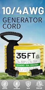 75Feet 30 Amp Generator Extension Cord 4 Prong,Heavy Duty NEMA L14-30P/L14-30R,125/250V 7500W,Green 10 Gauge STW Twist Locking Generator to House Power Cords with Cord Organizer,ETL Listed