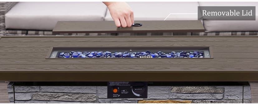 43" Propane Fire Pit Table Outdoor Rectangular Stone Firepit Table 50000 Btu Propane Fire Tables for Outside Patio with Glass Wind Guard, Lid, Fire Glass Beads, Pizzello Caldo (Gray Stone)