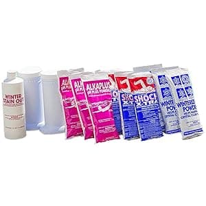 Rx Clear Pool Closing Kit for Above Ground & Inground Pools | Includes: pH Powder, Shock, Winter Stain Out, & Winterizing Dispensers | Up to 45,000 Gallons