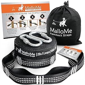 MalloMe XL Hammock Straps for Trees - Hammock Tree Straps Set 2000+ LBS Heavy Duty 40 Loops & 100% No Stretch Suspension System Kit - Camping Hammocks Accessories | 2 Carabiners | 12 Feet Black